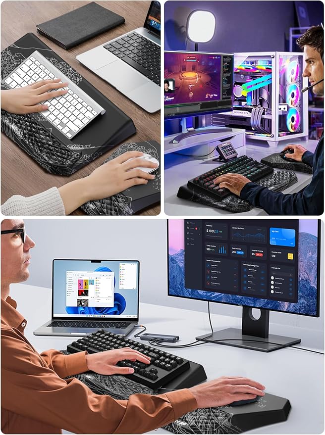 3-in-1 Ergonomic Keyboard Stand with Wrist Rest & Mouse Pad Set, Black Wave | Comfy Keyboard Riser Holder Soft Mousepad with Massage Design, Memory Foam and Non-Slip PU Base for Pain Relief