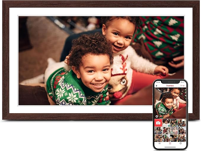 Digital Picture Frame Frameo, Large 15.6 Inch Digital Photo Frame, WiFi Electric Frame, 1920 * 1080 IPS FHD Touchscreen, 32GB, Tabletop&Wall-Mounted, Share Video Picture, Gifts for Mom, Black Walnut