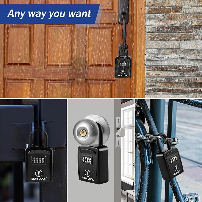 Iron Lock® Small Portable Key Lock Box with Code, U-Shackle (Small, Black) | U-shackle opens fully out to loop over a handle, gate, latch or rail; rolling combination dials, no app, no battery