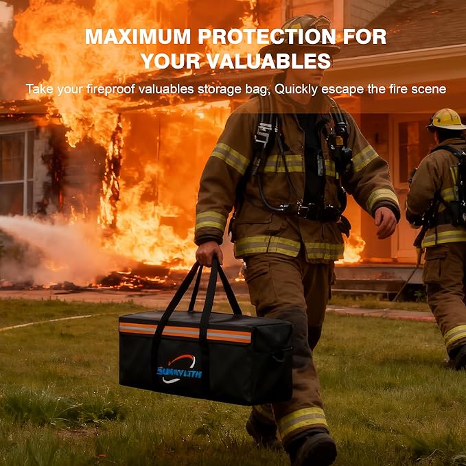 Large Fireproof Document Bags, 24x12x12" Waterproof Storage Firesafe Bag, Large Capacity Waterproof Photo Storage Box with Reflective Strip for Valuables & Passport, Silicone Coating & Zipper Closure