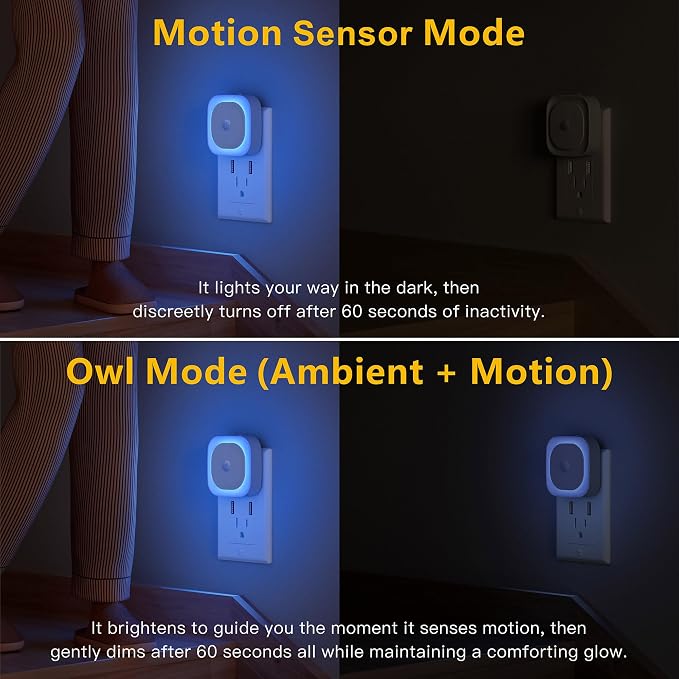 YUNLEX 2 Pack Plug in Night Light with Motion Sensor & Dusk to Dawn Sensor, 3 in 1, Auto ON/Off, Dimmable, Night Lights Plug into Wall for Bathroom, Kitchen, Light Blue