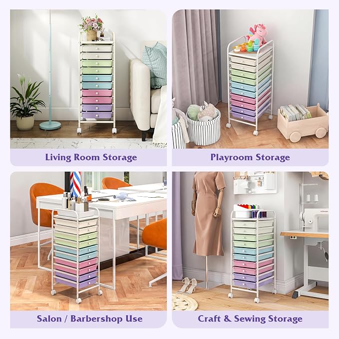 GIANTEX 10 Drawer Storage Cart, Rolling Craft Cart w/Metal Tabletop | Mobile Utility Organizer Trolley with Locking Wheel, Storage Drawer Unit for Home Office, Play Room, Pastel Ice Cream