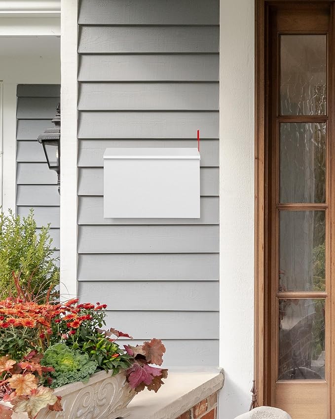 Wall-Mount Mailbox for Outside, Large Capacity Rust-Proof Mail Box with Stay-Open Lid & Red Flag Kit, Galvanized Steel Weather-Resistant Post Box for House Outside, 10.5"x4.3"x14.2", White