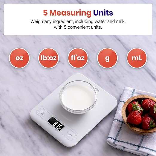 Etekcity Food Kitchen Scale, Digital Grams and Ounces for Weight Loss, Baking, Cooking, Keto and Meal Prep, LCD Display, Medium, White | Tare function, ideal for baking, weight loss, keto, meal prep, packages, liquids and jewelry, White