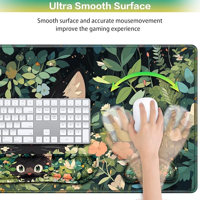 Mouse Pad Anime Mouse Pad with Wrist Rest | 4-in-1 XXL Large Desk Mat Kawaii Mousepad with Gel Wrist Support Keyboard Wrists Rest Coaster, Ergonomic Gaming Cat Desk Pad