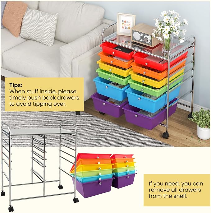 BECOMFORT 12-Drawer Rolling Cart with Drawers, Storage Cart on Wheels, Teacher Classroom Organizers with Metal Frame, Mobile Craft Cart, Trolley Utility Cart for School Office Play Room
