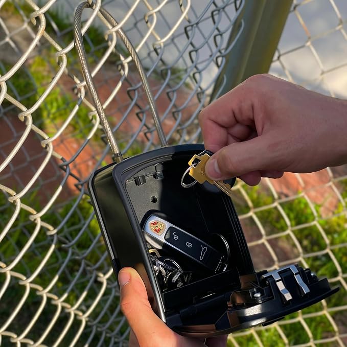 Iron Lock® XXL Portable Key Lock Box, 15in Steel Cable, Code (XXL, Black) | Holds 20-30 keys + car fobs; unique built-in tray; loops on gate or rail or wall-mounts; resettable code; dial cover