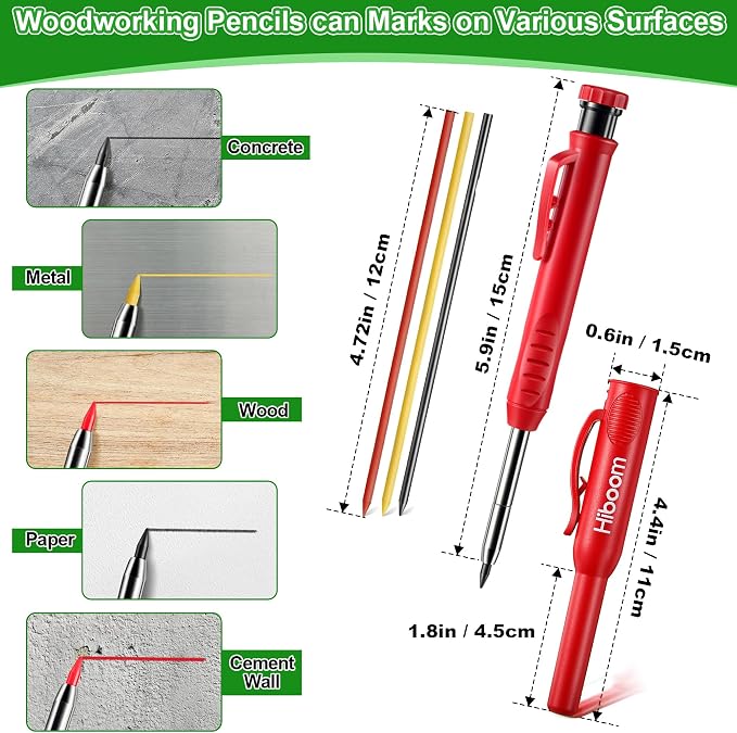 Hiboom 4 Pack Carpenter Pencil with 36 Refills Built In Sharpener (Red) | Concrete Wood Metal, Deep Marking, Multi-Color Refills, 2.8mm Lead, Construction Work, Waterproof, Carpenter Builder DIY