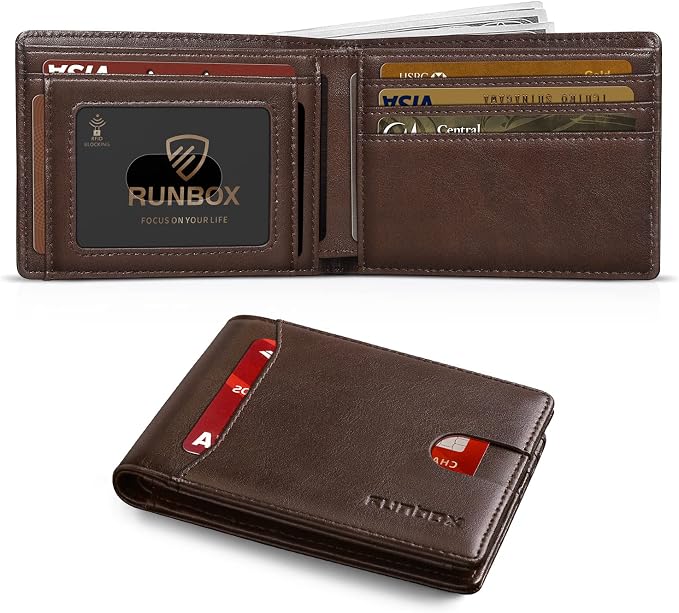RUNBOX Wallet for Men, Slim Leather Bifold, RFID Blocking Card Holder | Minimalist Front Pocket Design, Credit Card Organizer, Holds 11 Cards, Large Capacity, Thin Profile, Birthday Gifts for Men