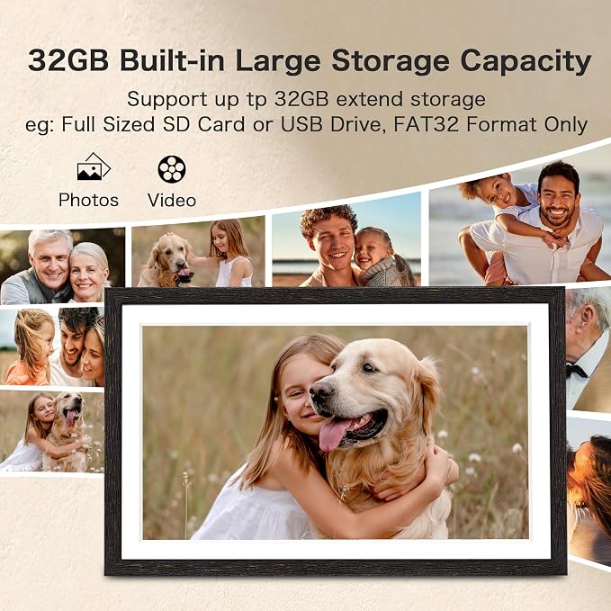 Digital Picture Frame, 15.6 Inch Frameo Digital Frame WiFi, 1920 * 1080 IPS FHD Touchscreen, 32GB, Tabletop&Wall-Mounted, Share Picture Video, Large Electric Photo Frame, Mom Gifts, Black Woodgrain