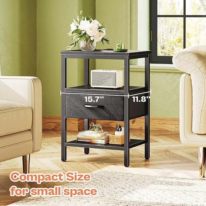 SUPERJARE Nightstand Set of 2 with Charging Station, USB-C Port, End Tables | Night Stand for Bedroom, with Adjustable Fabric Drawer, 3-Tier Storage Bedside Tables for Living Room, Black