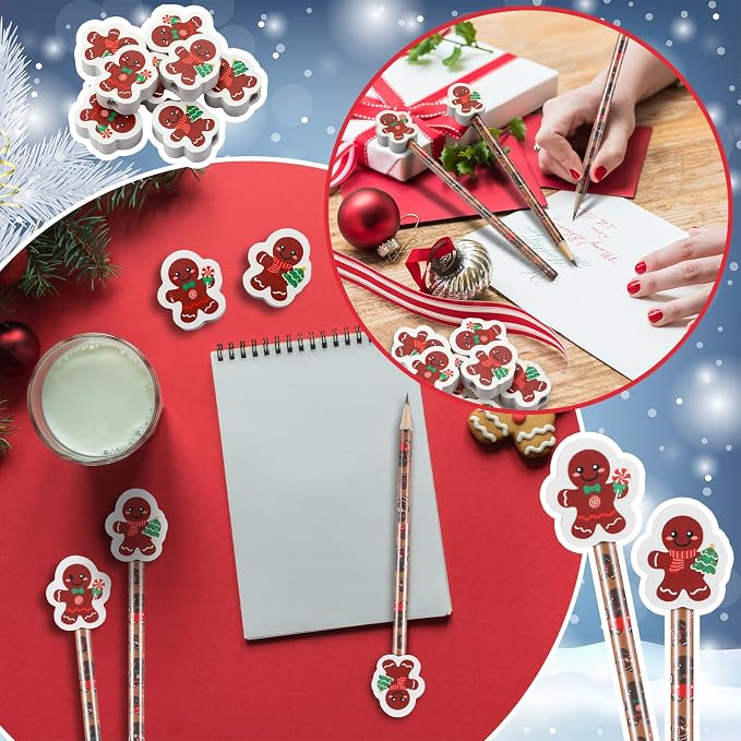 32 Pcs Gingerbread Pencils with Erasers, 16 Christmas Gingerbread Pencils Bulk 16 Erasers Winter Christmas Stationery Supplies for Classrooms Exchange Reward Prizes Home Office School Supplies