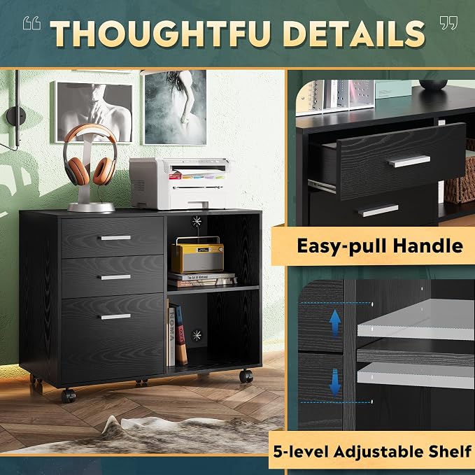 DEVAISE Wood File Cabinet, 3 Drawer Lateral Filing Cabinet Black | Mobile Office Cabinet, Printer Stand, Open Storage Shelves, Letter & A4 Compatible, Home Office