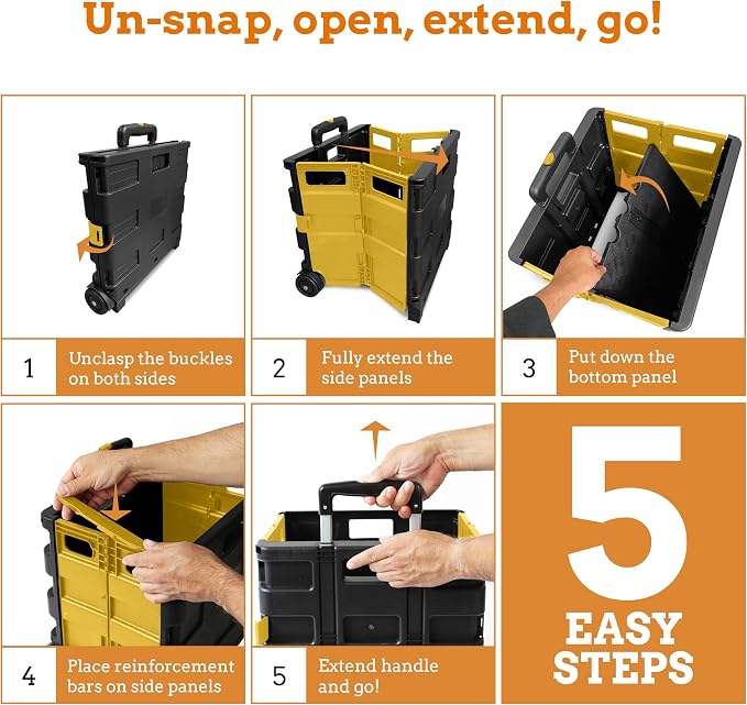 Ultra-Slim Rolling Collapsible Storage Pack-N-Roll Utility-carts, with Telescopic Handle, for Home, Garden, Shopping, Office, School use, Medium, Yellow & Black