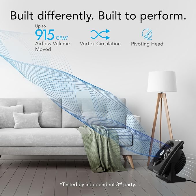 Vornado 673T Whole Room Air Circulator Fan, 3 Speed Settings, 90 Degree Pivoting Head, Deep Pitched Blades, Vortex Action Technology, Black Electric Fan for Bedroom, Office, Home