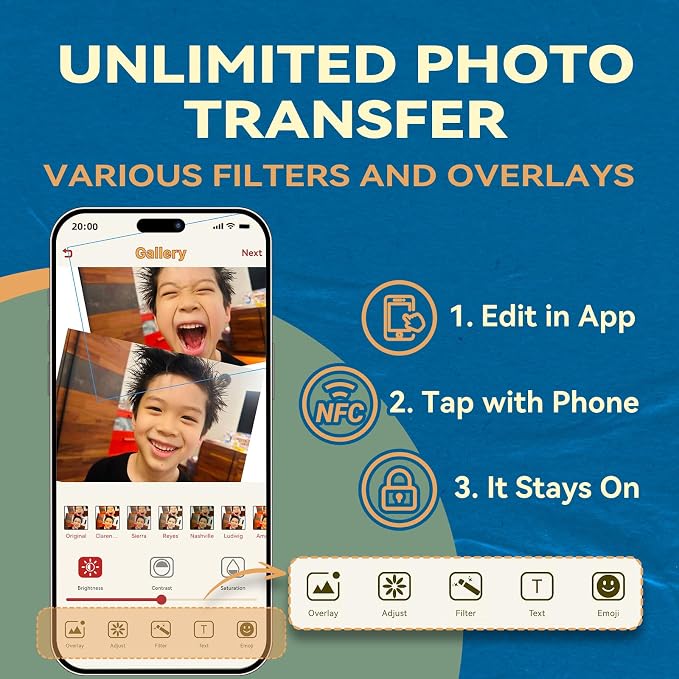 E-Paper Fridge Magnet Classic Plus, E-Ink Battery-Free Instant Photo Style Display, Wireless NFC Picture Frame, Phone-Controlled Acrylic Memo Board for Party/Travel/Home & Gifts, Compatible iPhone 13 and Newer (Blue)