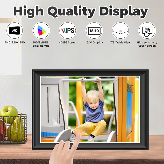 10.51 Inch WiFi Digital Picture Frame with Touch Screen | 64GB smart picture frame with 1920x1280 100% sRGB IPS display. Supports Frameo App for 5G/Instant photo & video sharing.