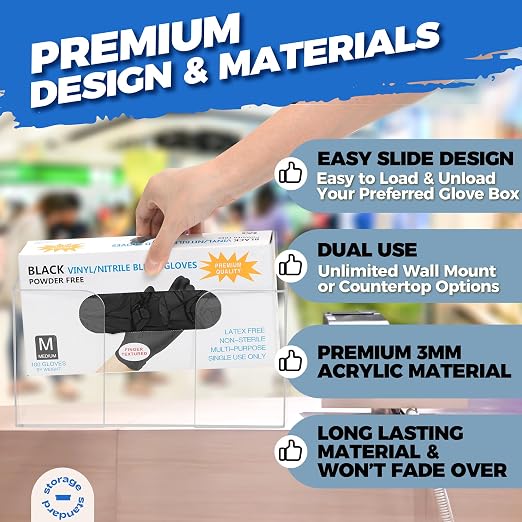 Glove Box Holder Dispenser - Kitchen, Medical, & Latex Gloves Holder Wall Mount or Countertop, Universal Fit - Thick Acrylic, Easy to Use, Slide, & Load Open Top Design - Clear