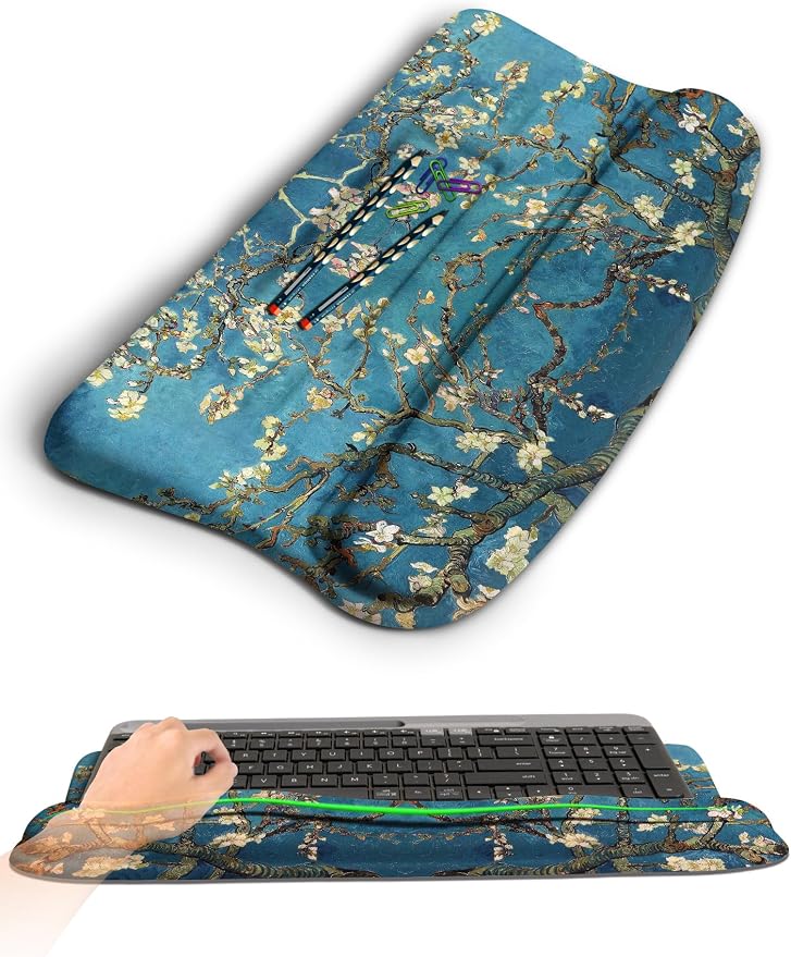 Ergonomic Wave Wrist Rest with Keyboard Stand, Cushioned Palm Rest, Comfortable Integrated Memory Foam for Natural Typing and Relieve Wrist Pain, Van Gogh Apricot Blossom