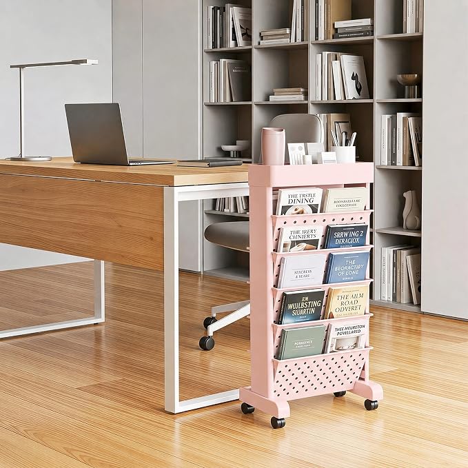 BYFU 6-Tier Movable Bookshelf Cart, Pink | Rolling Wheels, File Paper Storage Organizer, Mobile Bookcase, For Home Office Study Classroom