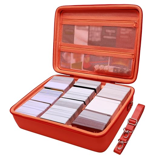 L LTGEM Card Game Case Compatible with Cards Against Humanity/Magic the Gathering/UNO/Pokemen/Baseball/Football Cards 3000+, Trading Card Storage Box with 6 Dividers and Shoulder Strap, Orange