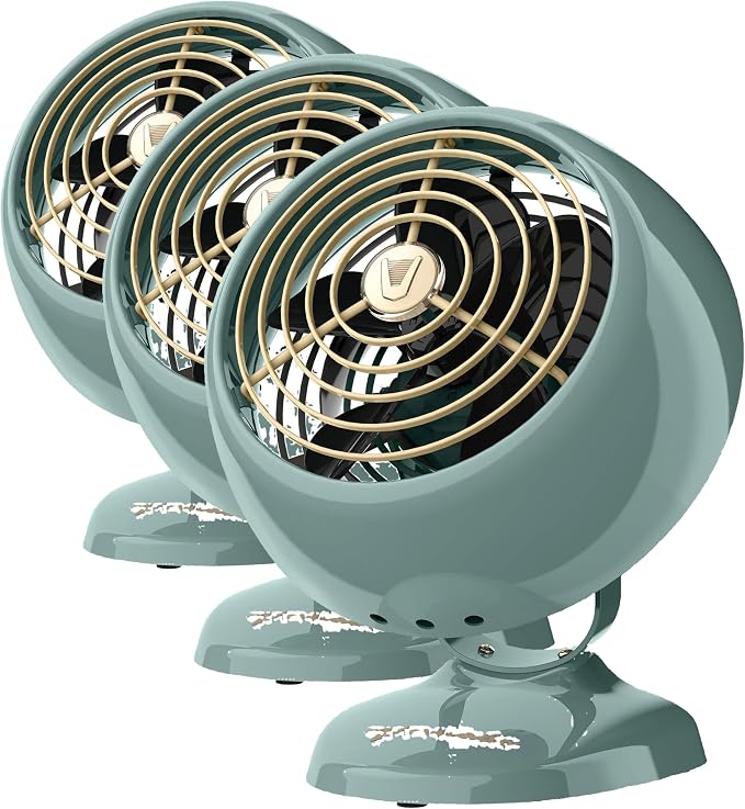 Vornado VFAN™ Mini Fan,Classic Vintage Fan,Retro Metal Air Circulator,For Desk & Bedside,2 Speeds,Adjustable Tilt,Personal Cooling with Targeted Airflow,Quiet-Fan,Green,(Pack of 3)