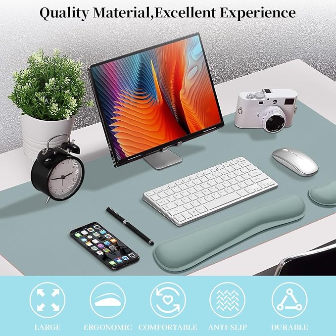 Desk Mat Set,3-in-1 Mouse Pad with Wrist Rest and Keyboard Pad | 31.5" x 15.7" Ergonomic Keyboard and Mouse Pad Set, Memory Foam Keyboard Wrist Rest, Waterproof Computer Mat, Mist Blue