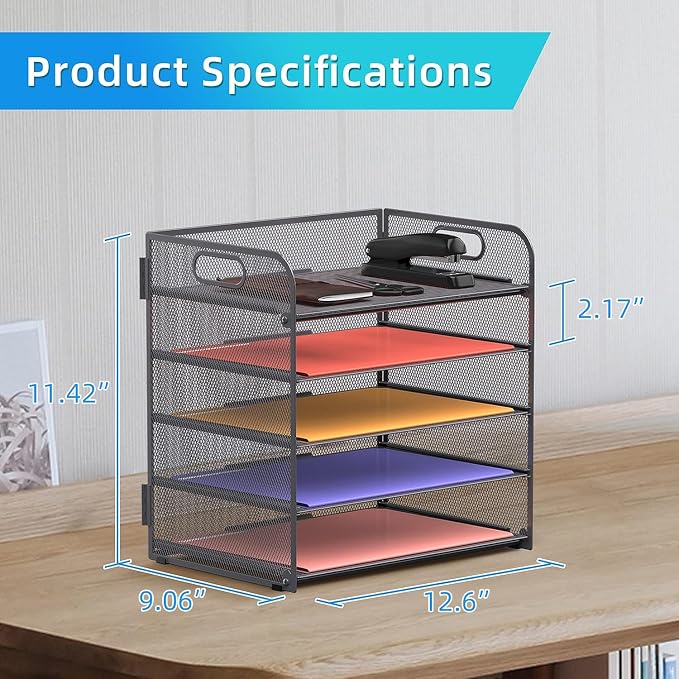 5 Trays Paper Organizer Letter Tray with Handle-Mesh Desk File Organizer, Grey Paper Sorter Desk Organizer for Office, Home or School