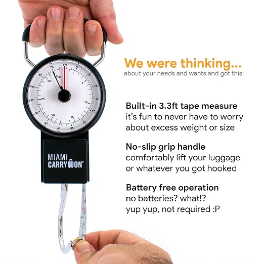 Mechanical Luggage Scale with Tape Measure, Up to 75 Pounds (Retro) - Lift Slowly