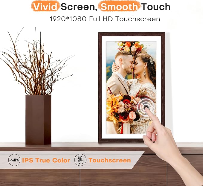 Digital Picture Frame Frameo, Large 15.6 Inch Digital Photo Frame, WiFi Electric Frame, 1920 * 1080 IPS FHD Touchscreen, 32GB, Tabletop&Wall-Mounted, Share Video Picture, Gifts for Mom, Black Walnut