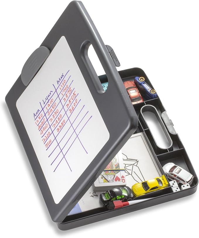 Officemate Clipboard Box with Dry Erase Board, 12 x 13-Inches, Storage Compartments and Carry Handle, Letter and A4 Document Organizer with Front Clip, Charcoal
