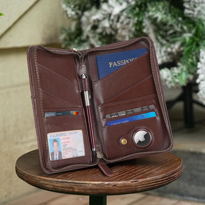 Polare Napa Leather Passport Holder Cover Case for Men and Women RFID Blocking Family Travel Wallet Holds 6 Passports (Coffee with AirTag Slot)
