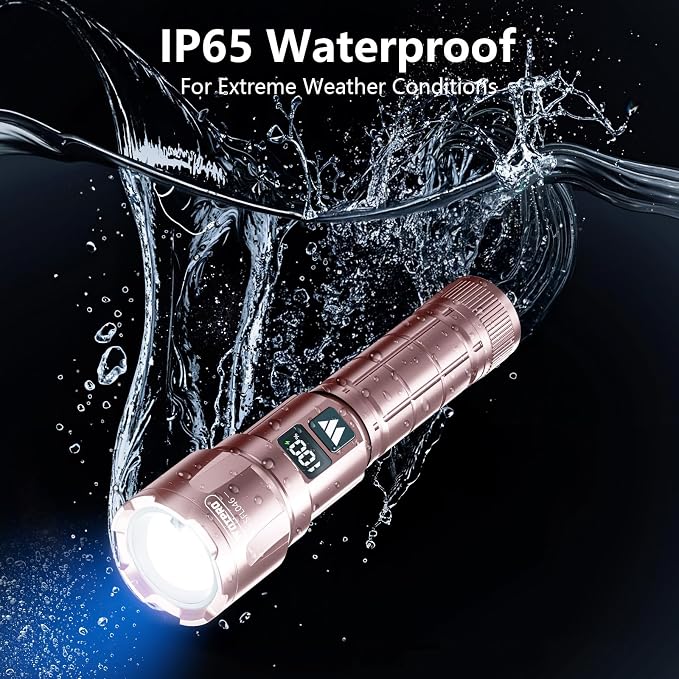 WdtPro LED Rechargeable Flashlight 2 Pack, 3 Modes Super Bright High Lumens Flashlights, Zoomable Tactical Flash Light with LCD Display, IP65 Waterproof Flashlights for Home Emergency Camping - Pink