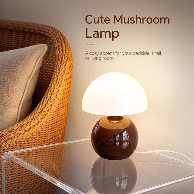 Mushroom Lamp Table Lamp for Bedroom-Small Desk Table Lamps,Coffee | 8.7" Mid Century Modern Table Lamps for Living Room Bedroom Decor,Cute Ceramic Lamps for Mushroom Home Room Decor,Glass Shade