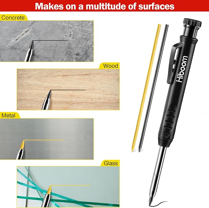 Hiboom Mechanical Carpenter Pencil with 7 Leads, Deep Hole Marker, Black | Built-In Sharpener, Long Nose Construction Pencil, Pocket Clip Design, Woodworking Tools, Marks on Various Surfaces