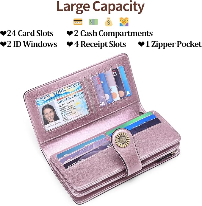 SENDEFN Wallets for Women Leather Credit Card Holder with RFID Blocking Large Capacity Wristlet | with RFID Blocking