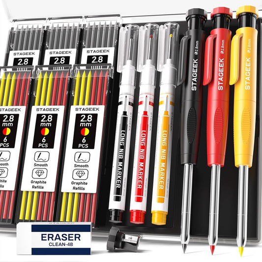 3PCS Carpenter Pencils with Sharpener, Heavy Duty Woodworking Tools, Mechanical Pencil Set with 39 Refills, Deep Hole Long Nib Marker Pens for Architect Marking with Case (Red, Black, Yellow)
