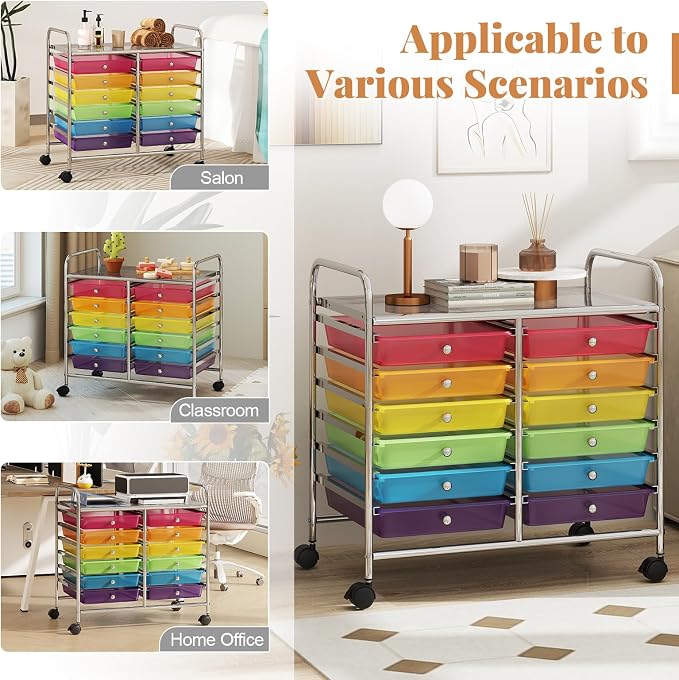 RELAX4LIFE 12-Drawer Rolling Storage Cart - Mobile Utility Cart on Wheels for School Classroom Teacher Office Salon, Paper File Art Supply Craft Organizer, Rolling Cart with Drawers (Rainbow)