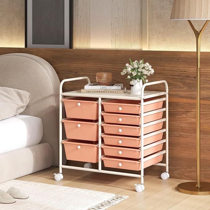 RELAX4LIFE 9 Drawer Rolling Storage Cart - Mobile Drawer Carts for Craft Art Supply Paper Salon, Utility Cart on Wheels for Classroom Teacher School Office, Rolling Cart with Drawers (Pink)