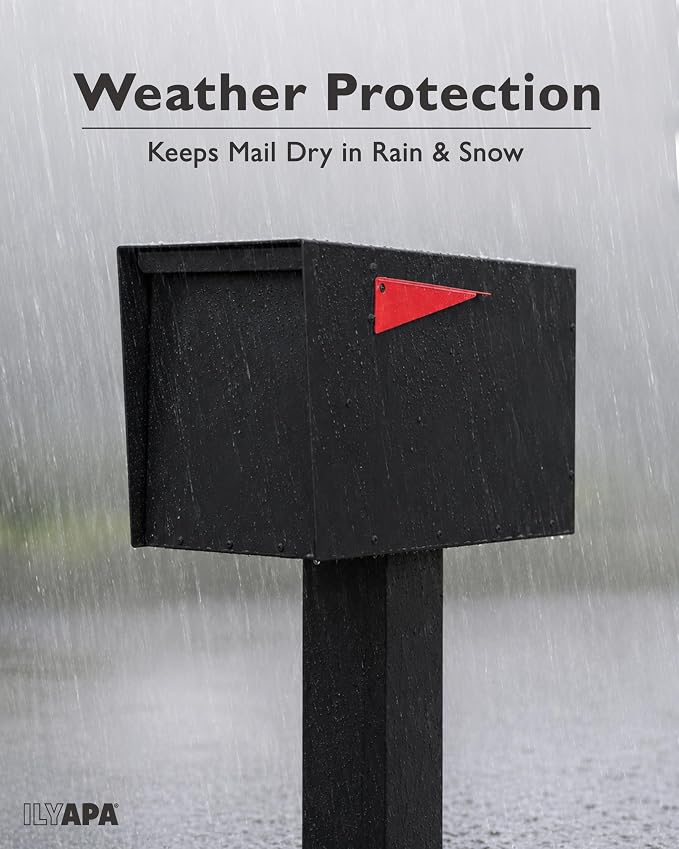 Ilyapa Modern Mailbox for Post Mount - Black with Black Door Heavy Duty Powder Coated Steel, Waterproof Letter Box for Curbside Parcels, Corrosion Resistant with Recessed Magnetic Close Door, Large