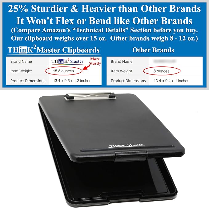 Think2Master [3 Pack] Black Plastic Storage Clipboard. | 25% Heavier & Sturdier| Heavy Duty and Won’t Flex Like Other Brands (Compare The Weight). Storage Compartment Holds 150 Letter Sized Paper.