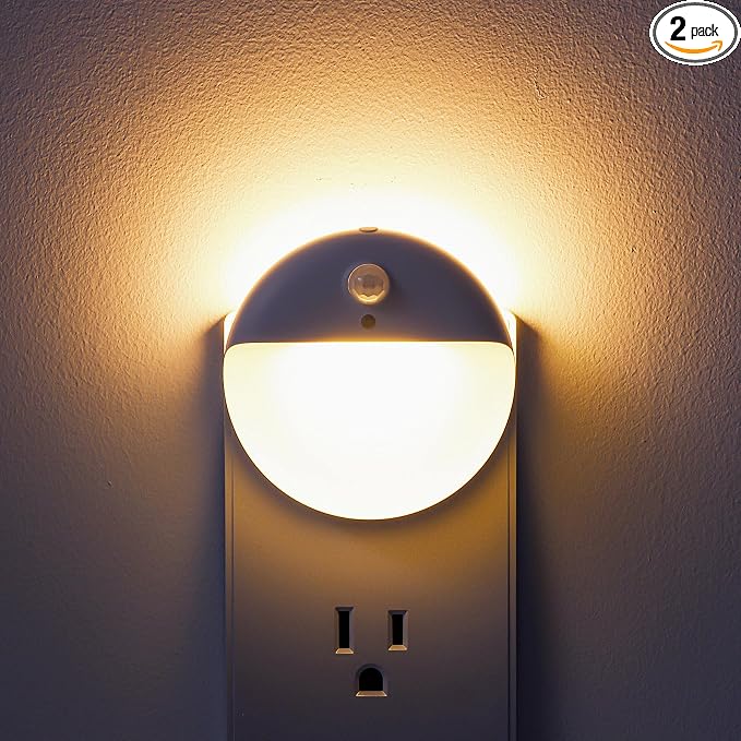 YUNLEX 2 Pack Plug in Night Light with Motion Sensor and Dusk to Dawn Sensor, Stepless Dimming, Warm White LED Nightlight with 3 Lighting Ways for Bathroom, Bedroom, Kitchen, for Kids, Adults