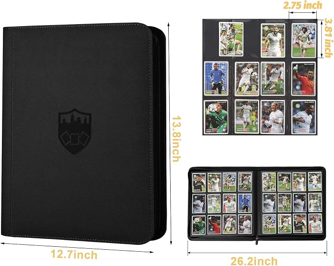 12 Pocket Ringless Side Loading Trading Card Binder, 720 Cards PU Fixed Page Zipper Card Album for TCG Sports Game Cards, Not Fit Top Loaders (Black)