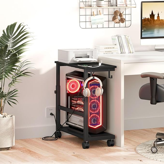 Snughome Computer Tower Stand with Charge Station, 25.0"-32.1" Height Ajustable PC Tower Stand for Floor, Mobile CPU Holder Cart for Carpet with Hooks, PC Cart for Gaming Office Home