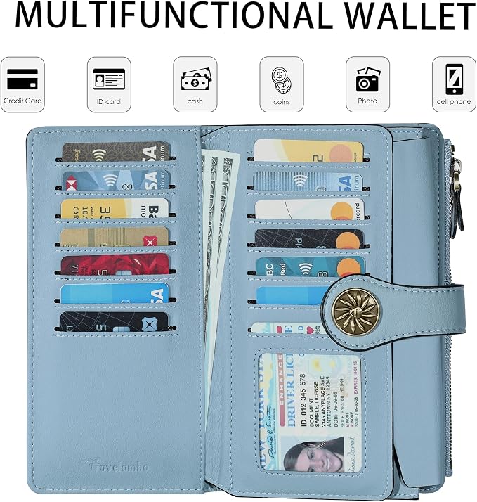 Travelambo Women's Wallet RFID Blocking Trifold Clutch Large Capacity Credit Card Holder Travel Purse