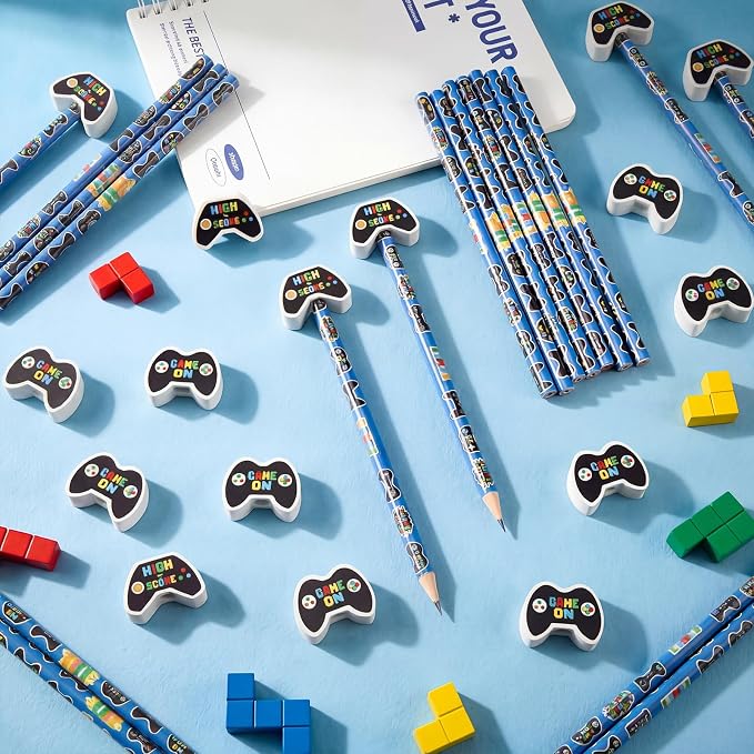 32 Pcs Video Game Themed Pencil with Eraser Video Game Party Favors Gaming Controller Stationery Supplies for School Classroom Exchange Gift Reward Prizes Adventure Vbs Party Supplies