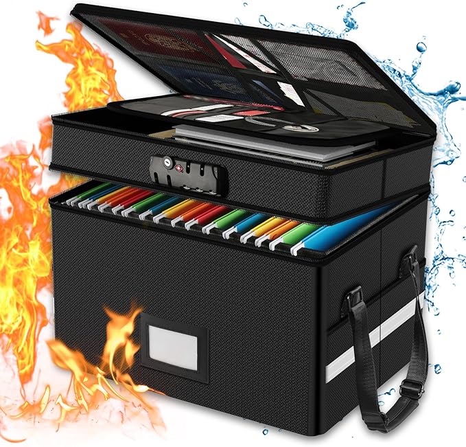 2 Layer Fireproof Document Box with Lock for Letter/Folder/Certificate | Fireproof to 2000°F, Waterproof, Large Capacity, Night Reflective Strip, Adjustable Handle, Foldable, Anti-static Material