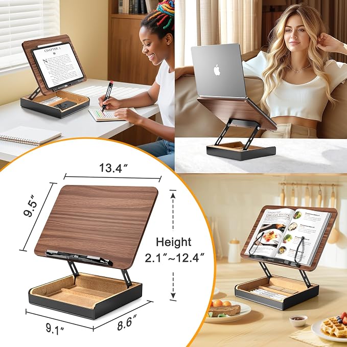 Book Stand with Storage, Book Holder for Reading Hands Free | Wooden Cookbook Stand for Kitchen Counter, Adjustable Reading Stand for Desk, Recipe Stand, Book Prop for Book Lovers