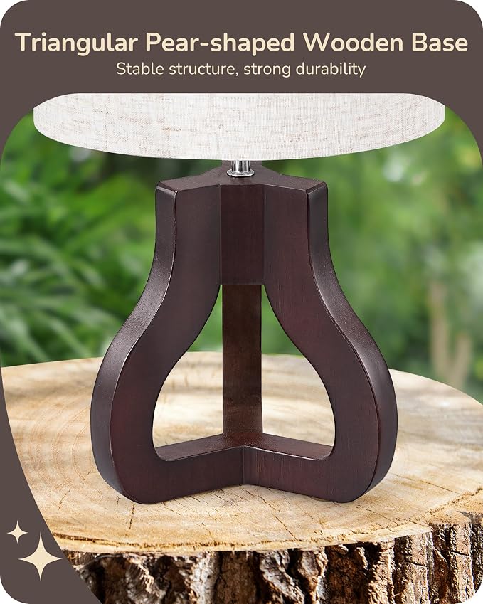 EDISHINE 14.6" Small Table Lamp, Walnut Wood Nightstand Lamp, E26 Base | Beige Linen Shade, On-Off Line Switch, Tripod Base, Cute Bedside Lamp for Living Room, Bedroom, Office