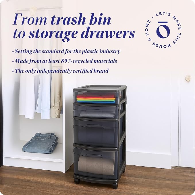 HOMZ Drawer Tower, 4-Tier Storage Cart with Removable Wheels, Black Frame | Plastic Organizer with Clear Bin Drawers for Bedroom, Bathroom, Home Office, and Dorm Rooms
